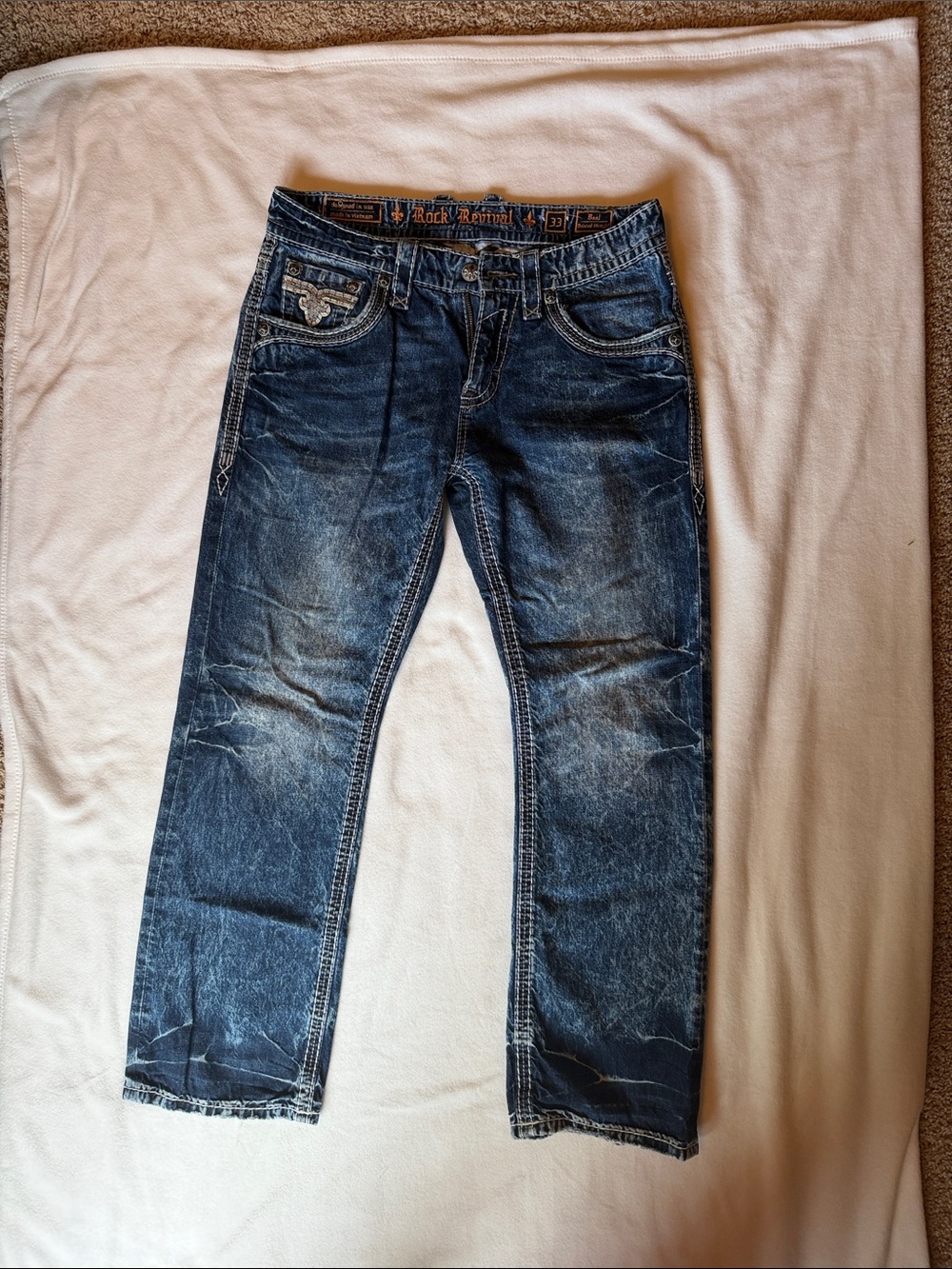 Men’s Rock Revival Faded Dark Blue relaxed Straight Jeans